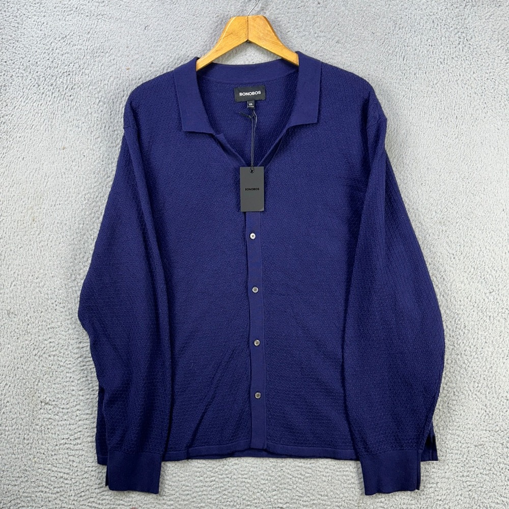 Bonobos Cashmere Sweater Cardigan Mens 2XL Navy Blue Diamond Knit Button Up‎ NEW